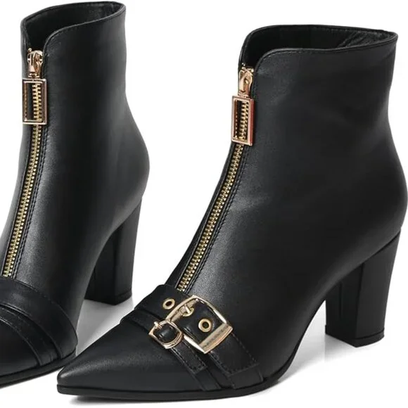 Pointed Toe Kitten Heel Boots-Women Black Booties Rivets Ankle Boot Fashion Shoe - Picture 3 of 5